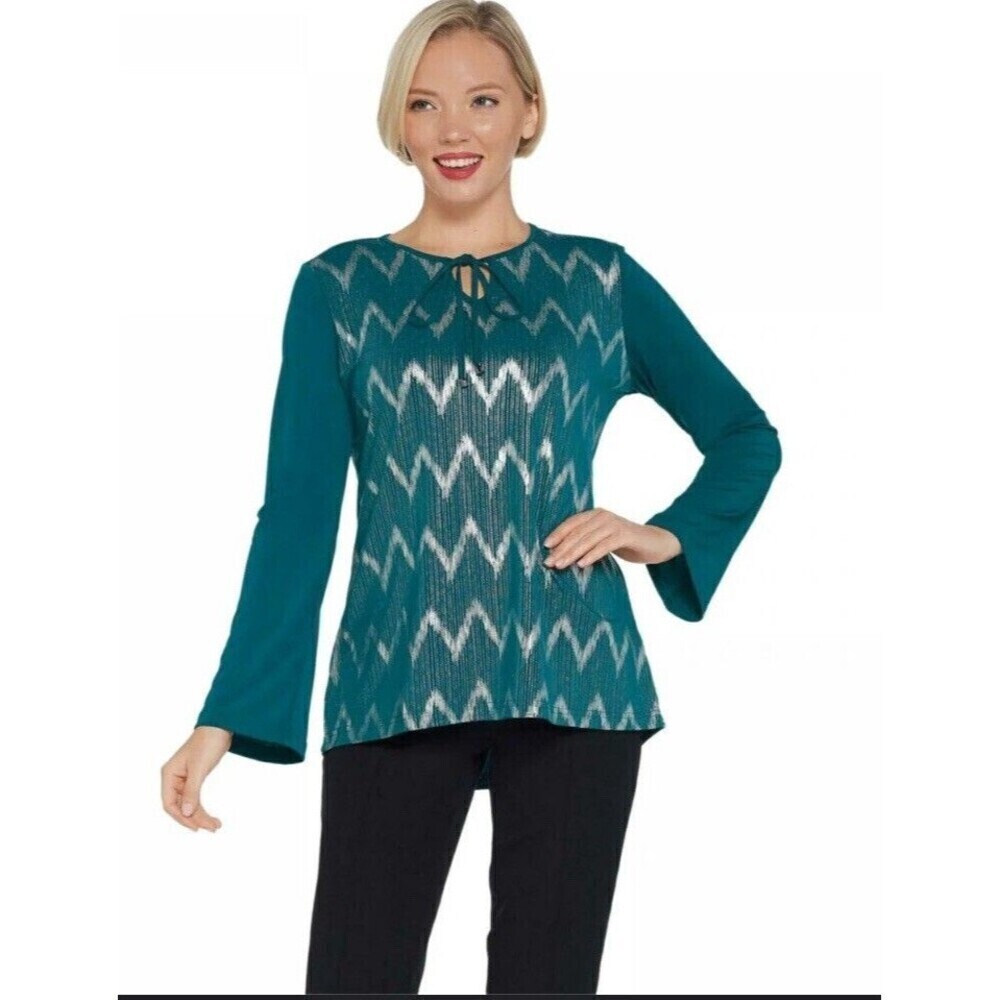 BOB MACKIE Chevron Hi-Low Knit Top Women 2X Green Tie Neck Metallic Party Blouse